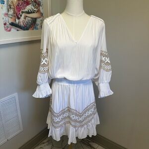 Ramy Brook White Mini Dress with Tan Embroidered Trim